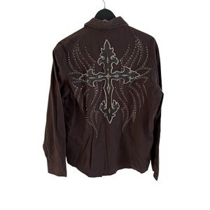 Men's Elegant Brown Dress Shirt with Cross Embroidery